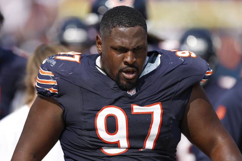 Chicago Bears defensive tackle Andrew Billings (97) reacts as he walks on the sidelines during the second half of an NFL football game against the Tennessee Titans, Sunday, Sept. 8, 2024, in Chicago. The Bears defeated the Titans 24-17. (AP Photo/Kamil Krzaczynski)