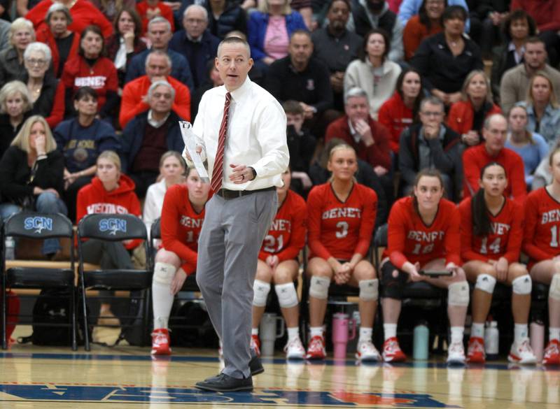 Benet Head Coach Brad Baker directs his team during the Class 4A St. Charles North Supersectional on Monday, Nov. 11, 2024 against New Trier.