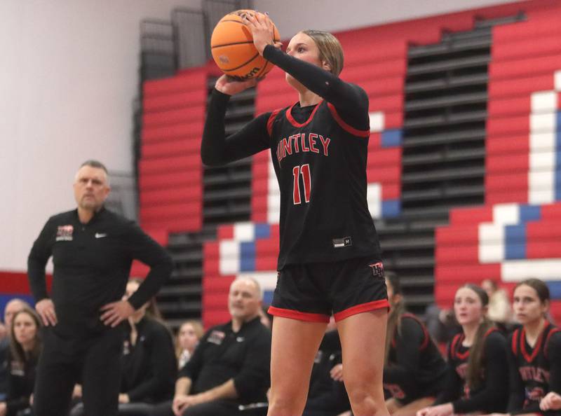 Huntley’s Anna Campanelli shoots against Maine South in Komaromy Holiday Classic varsity girls basketball championship game action on Monday, Dec. 30, 2024, at Dundee-Crown High School in Carpentersville.