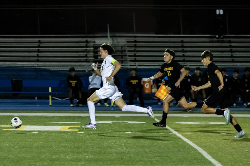 Lincoln-Way Central's Connor Pate breaks ahead of the competition on his way to score a goal during a Class 3A Boys Soccer Super-Sectional game against St. Laurence at Lyons Township High School’s South Campus on Nov. 3, 2025.