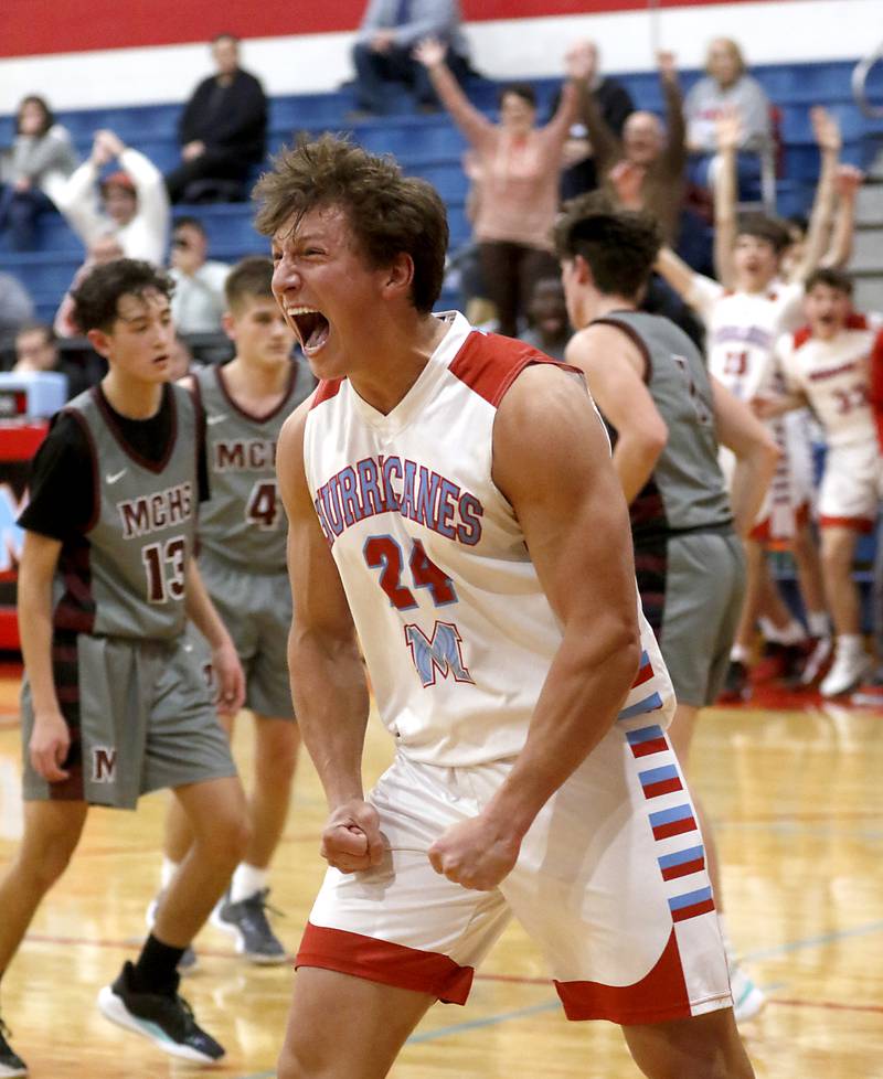 Marian Central’s Christian Bentancur celebrates scoring 2,000 points during a non-conference boys basketball game against Marengo on Tuesday, Feb.13, 2024, at Marian Central High School. I just love the emotion that Christian Bentancur shows as he hits 2,000 points.