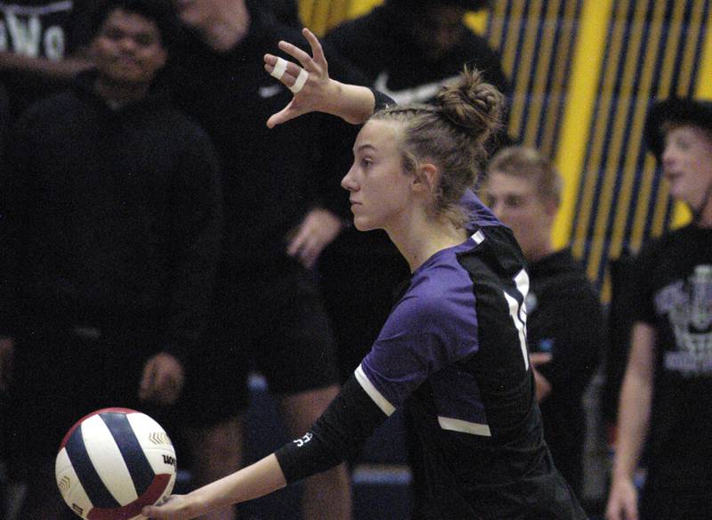 Dixon's Leah Carlson prepares to serve. Sterling hosted Dixon in Volleyball on August 26, 2025 at Musgrove Fieldhouse.