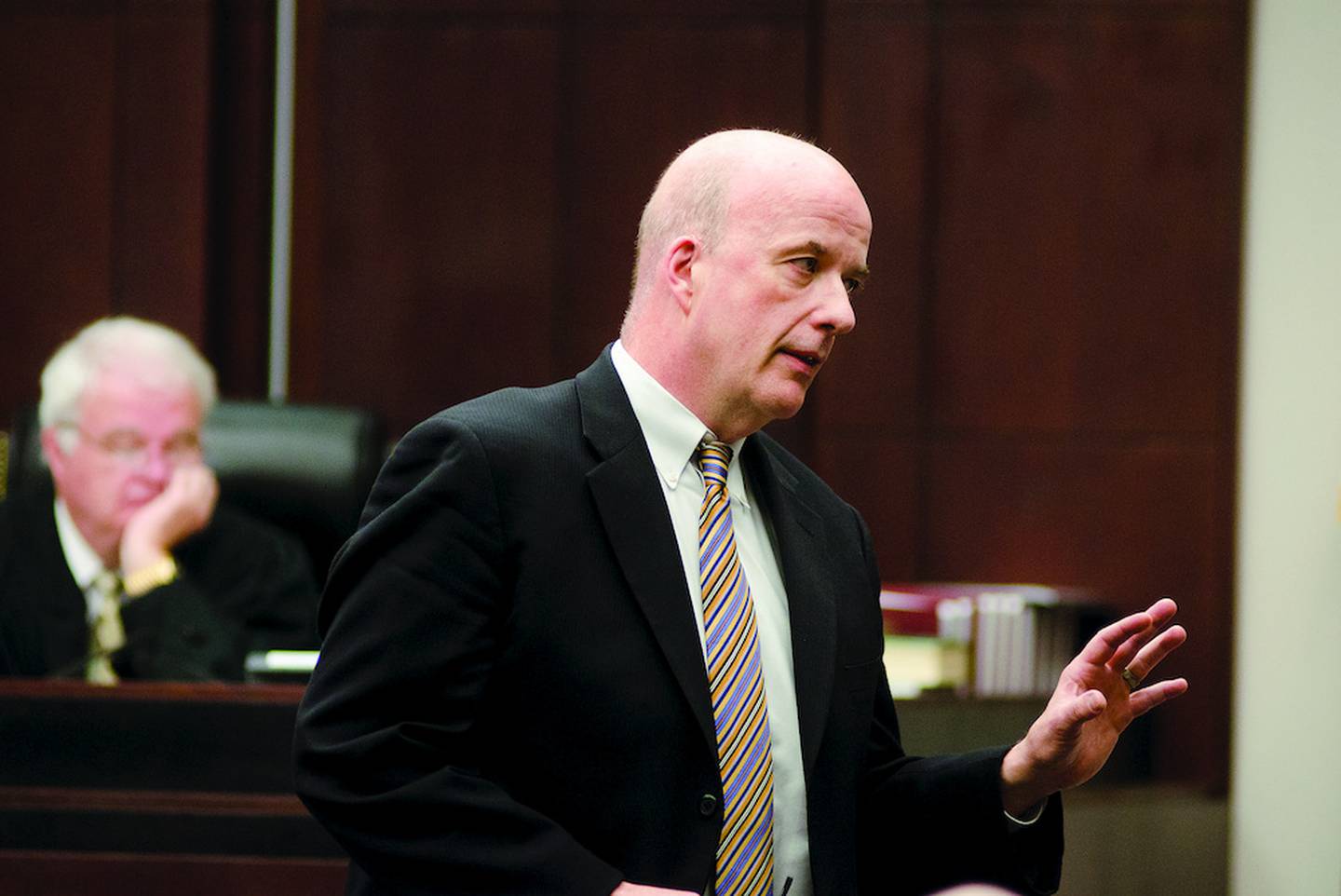 Assistant Attorney General Bill Elward makes the state's opening argument to jurors Monday inside the Rock Island County courthouse.