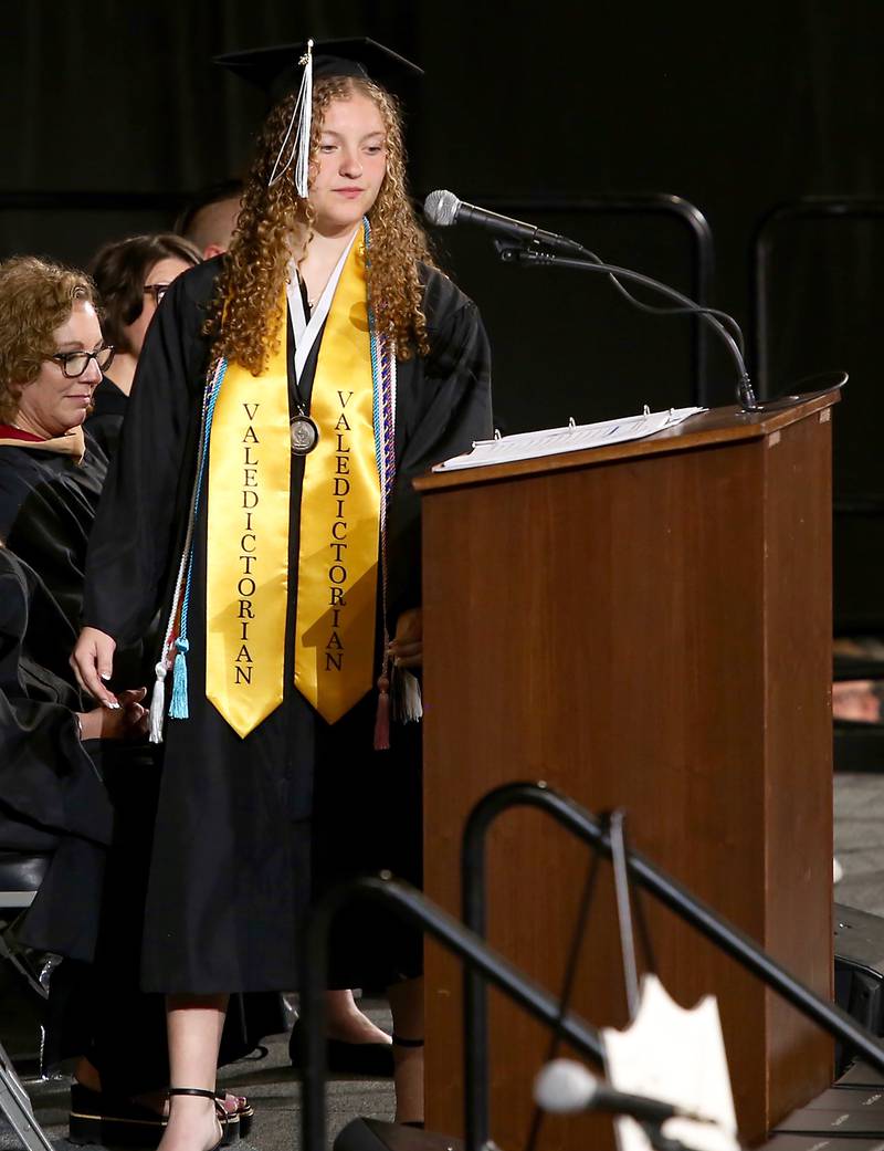Valedictorian, Lindsey Stoddard gets ready to give her speech at the Kaneland High School Class of 2025 Graduation in DeKalb on Sunday, May 18, 2025.