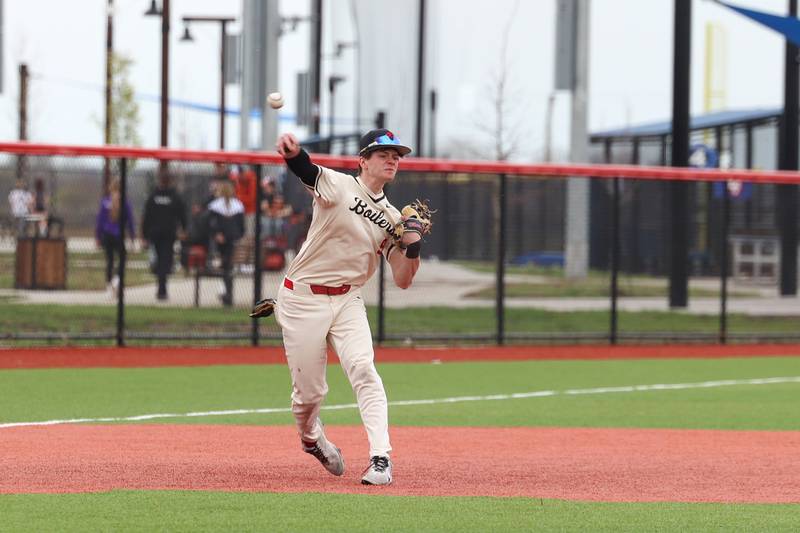 Bradley-Bourbonnais' Keaton Allison throws to first during the Boilermakers' 8-7 loss to Homewood-Flossmoor on Monday, April 13, 2026.