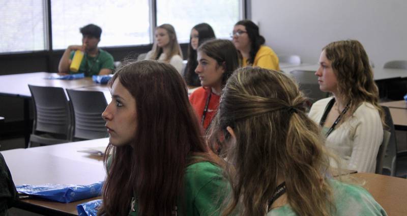 High school students taking part in the Pathways Education Symposium listen to a presentation about elementary education from Chelsea Stuart and Narcisco Puentes at Sauk Valley Community College on Friday, April 21, 2023.