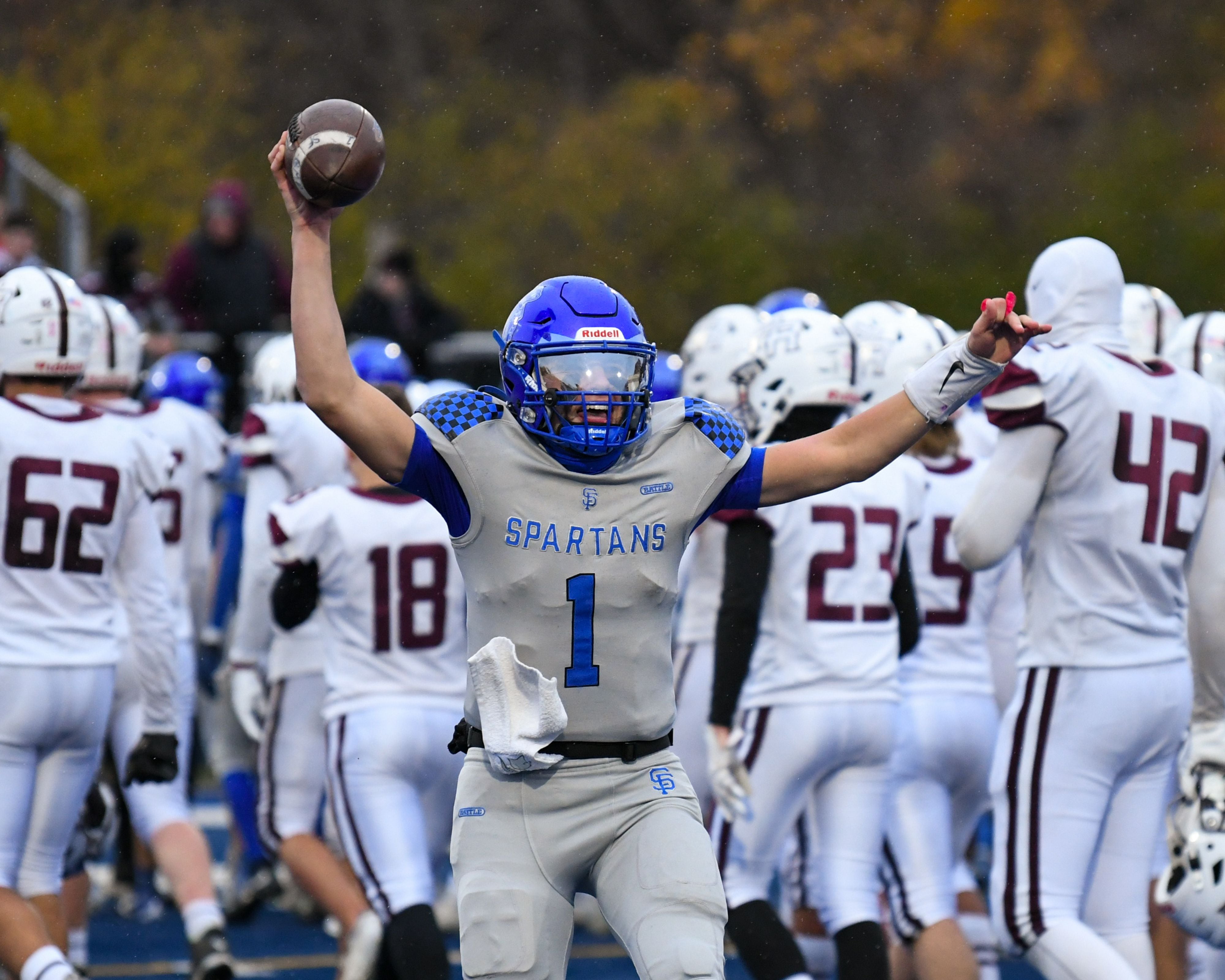 St. Francis's Brock Phillip (1) celebrates a victory over Prairie Ridge on Saturday Nov. 8, 2025, during the second round of the 5A playoff game held at St. Francis's High School.