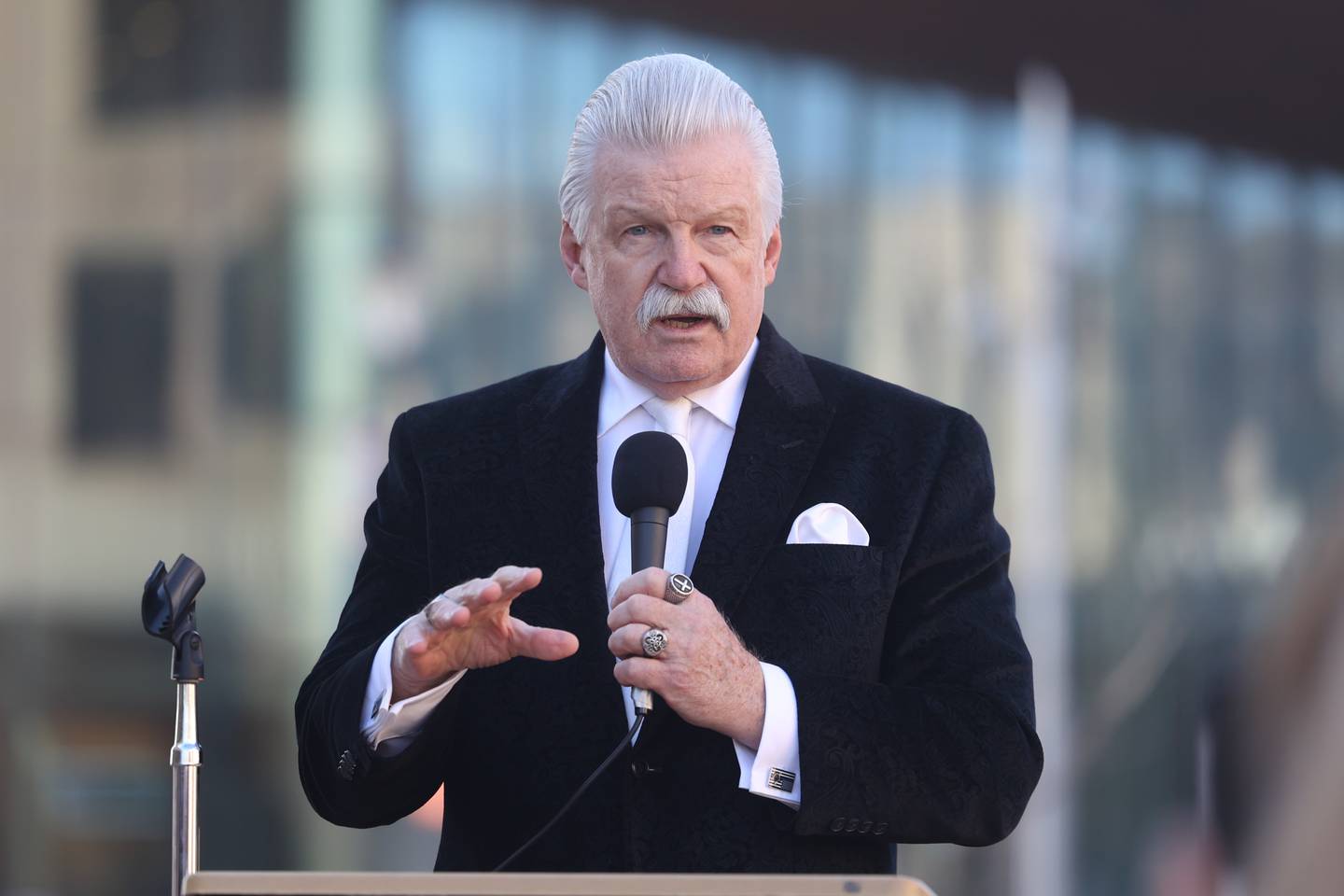 Will County State’s Attorney James Glasgow speaks during a rally for ZONTA Says No To Violence Against Women outside the old court house on Tuesday in Joliet.