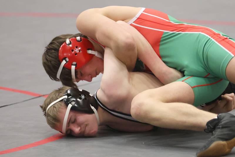L-P's Gianni Verucchi wrestels Kaneland's Cooper Yakel during a meet on Thursday, Jan. 22, 2026 in Sellett Gymnasium at L-P High School.