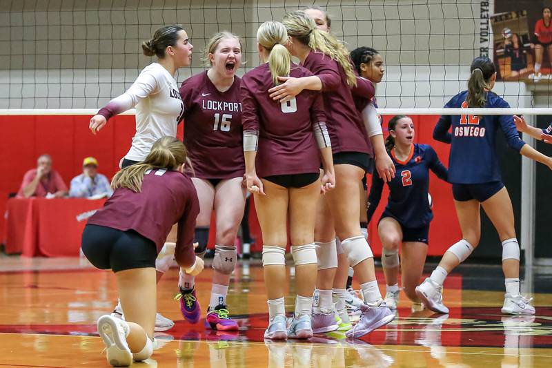 Lockport celebrates a decisive point during Class 4A Bolingbrook Sectional final match between Lockport at Oswego.  Nov 7, 2024  in Bolingbrook.