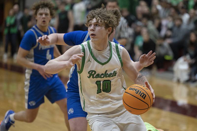 Rock Falls’ Kuitim Heald looks towards the hoop against Princeton Friday, March 7, 2025, in the Class 2A boys basketball Sectional final in Marengo.