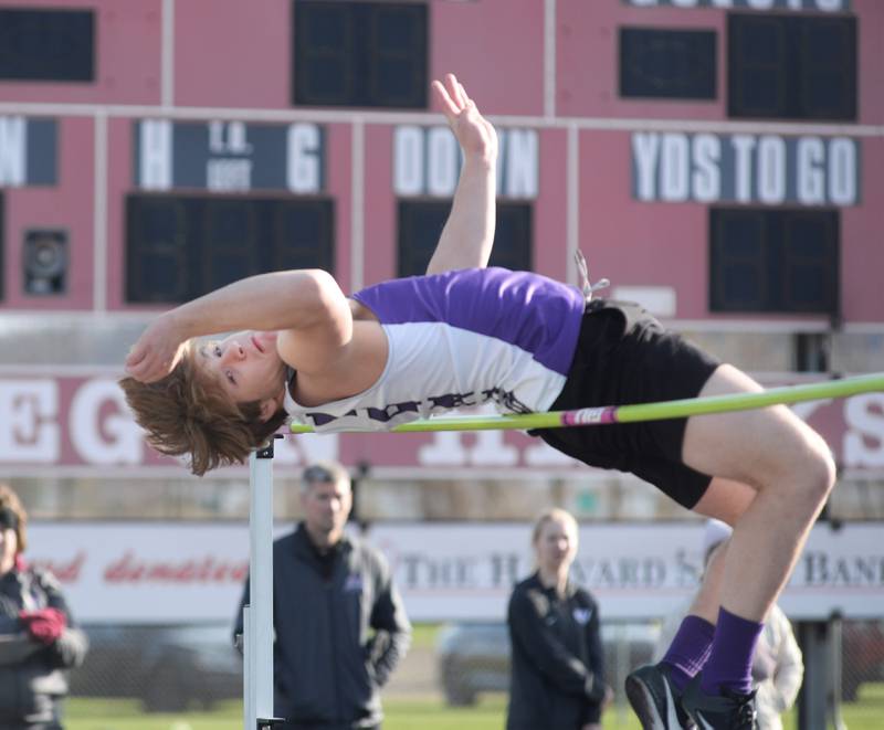 Dixon's Dawson Kemp clears the bar in the high jump during a quad meet at Oregon High School on Thursday, April 3, 2025.