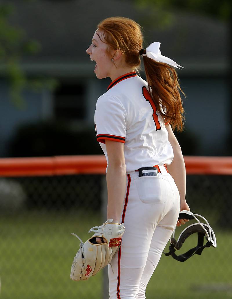 Crystal Lake Central’s Makayla Malone celebrates the Tigers com from behind win over Harvard a nonconference softball game Monday, May 15, 2023, at Crystal Lake Central High School.
