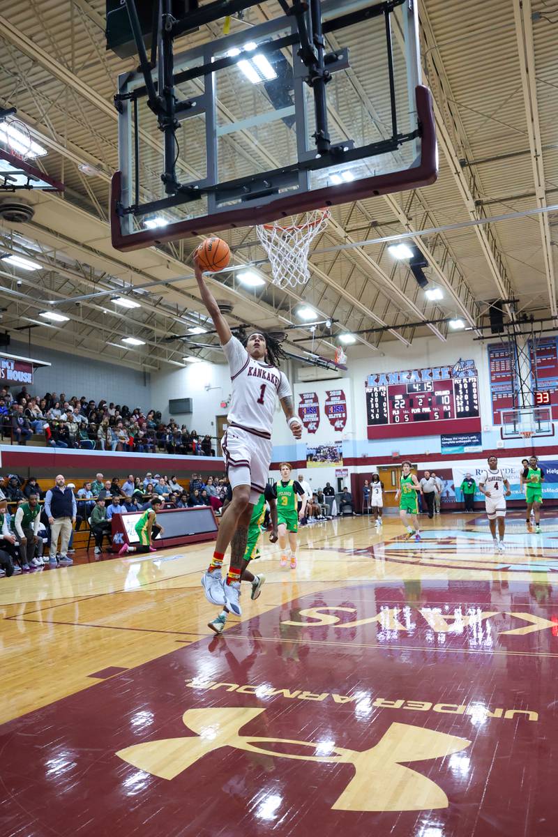 Kankakee's Lincoln Williams approaches for a dunk during the Kays' 83-44 victory over Chicago Ag in the 75th Kankakee Holiday Tournament opening round on Friday, Dec. 26, 2025.