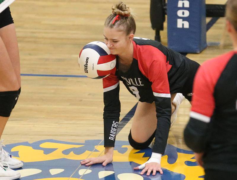 Earlville's Kiley Franzese misjudges the ball as it falls to the floor during the Class 1A Regional semifinals on Monday, Oct. 27, 2025 at Somonauk High School.