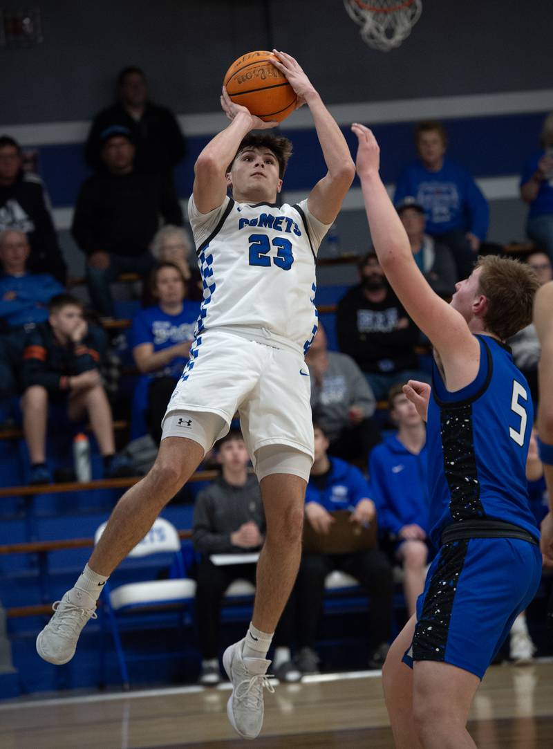 Clifton Central's Mayson Mitchell takes an off balanced shot as Milford's Isaac Schaumburg, right, guards during a Class A Regional game on Monday, Feb. 23, 2026.