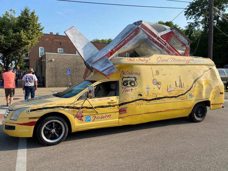 A Route 66-themed GM Fusion, complete with a plane-wreck on top.