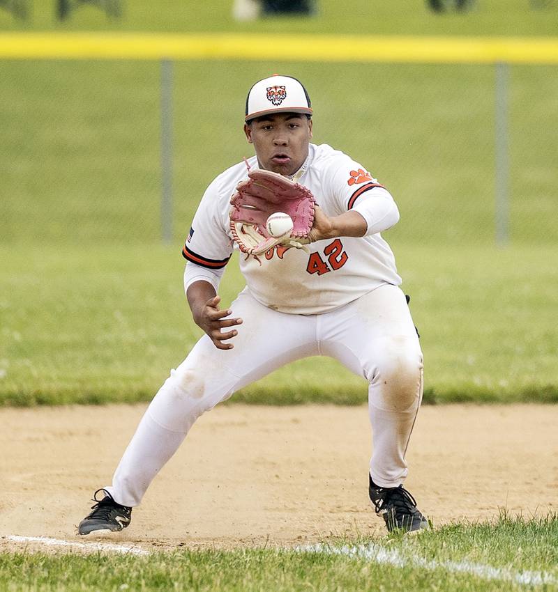 Byron’s Kaden McGough fields the ball at third against Johnsburg Wednesday, May 28, 2025, in the Class 2A Sectional semifinal in Mendota.