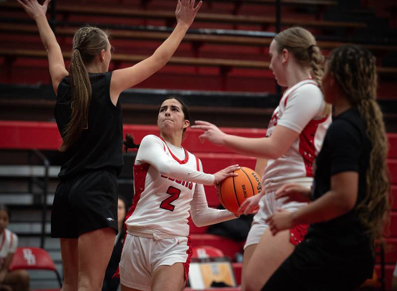 Bradley-Bourbonnais's Abby Bonilla looks for an open shot as Sandburg's Olivia Trunk, left, guards in a game on Saturday, January 3, 2026.