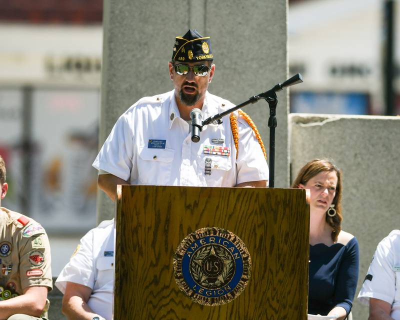 US Army Sergeant Ben Vollmer speaks during the Memorial Day event on Monday May 25, 2026, held at Town Square Park in Yorkville.