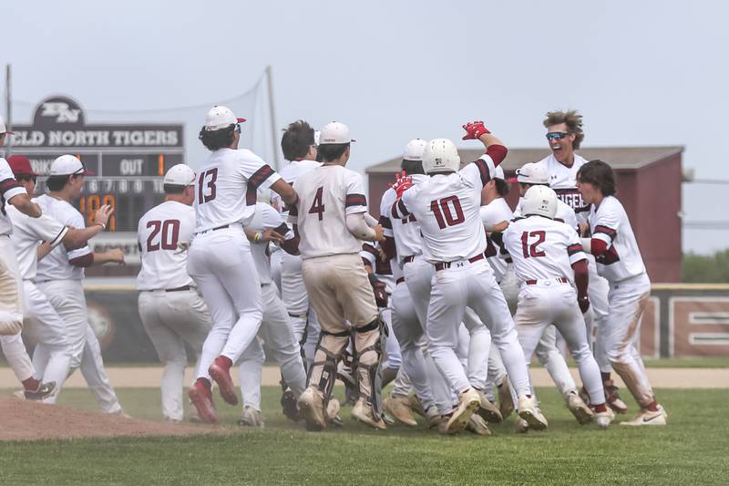 Plainfield North celebrates their comeback win over Oswego in their Class 4A Plainfield North Regional final baseball game. Saturday, May 31, 2025 in Plainfield.