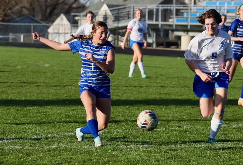 Princeton's Olivia Sandoval takes aim on a kick Monday at Bryant Field.