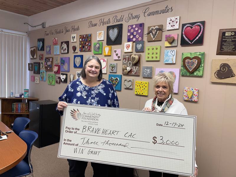 Jackie Diediker, executive director of Braveheart Children’s Advocacy Center is joined by WIN Grants Chair Debbie Buffington. Braveheart received a $3,000 grant for its resource library.