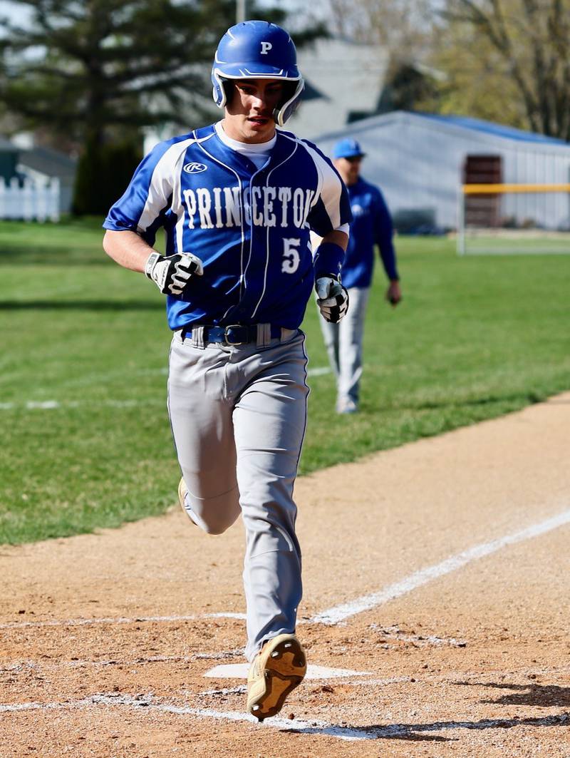Princeton's Ace Christiansen steps on the plate for a run in the Tigers' 6-2 win over Mendota on Monday at Prather Field.