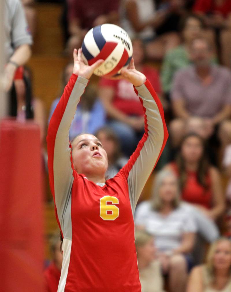 Batavia’s McKenna Bremner sets the ball during a home game against Neuqua Valley on Tuesday, Aug. 29, 2023.