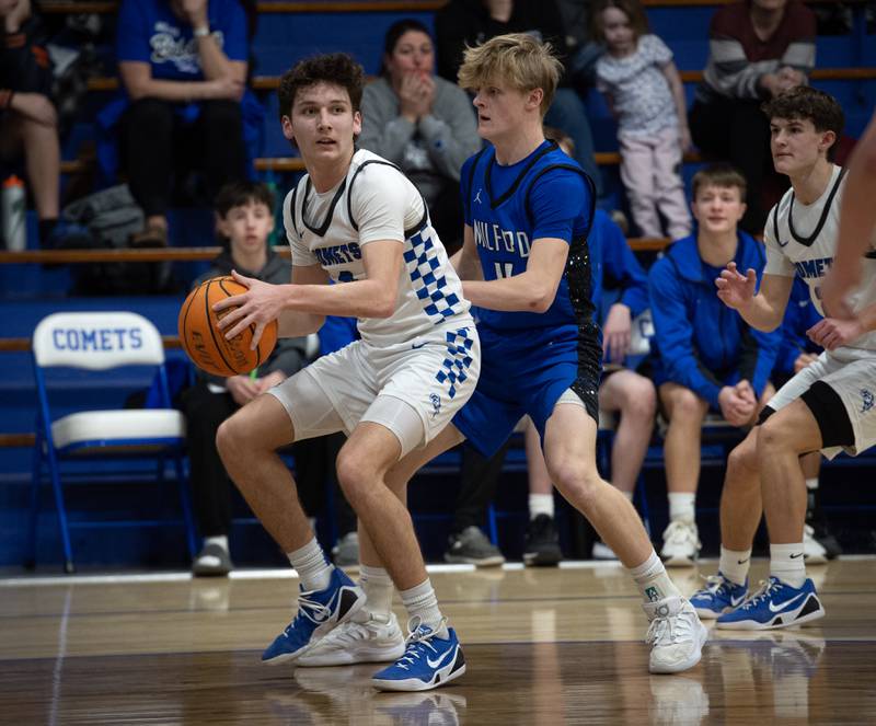 Clifton Central's Derek Meier, left, controls the ball as Milford's Maddox Muehling, right, guards during a Class A Regional game on Monday, Feb. 23, 2026.