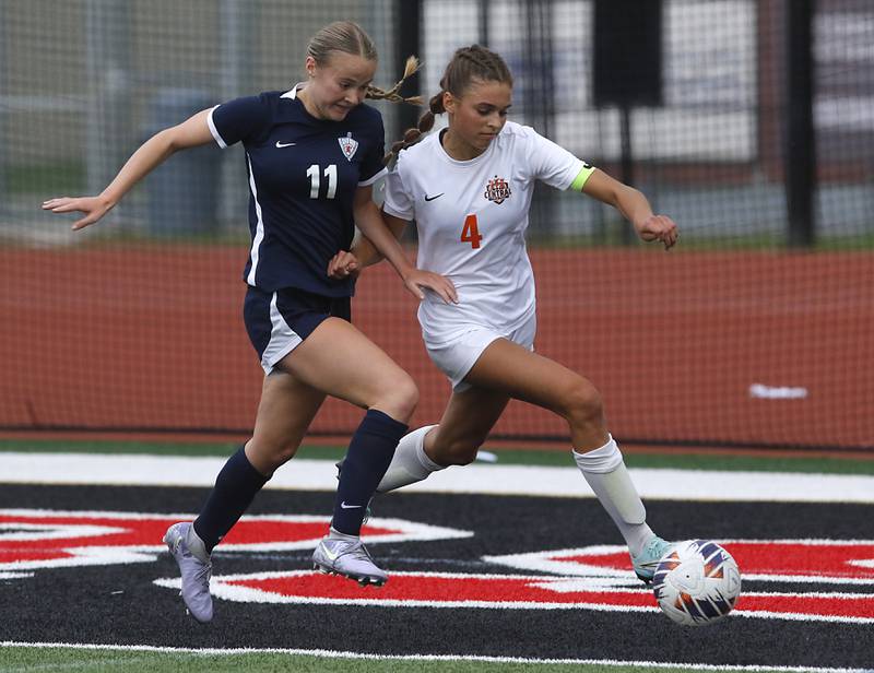 Crystal Lake Central's Hadley Ferrero takes the ball away from St. Viator's Kalin Mccrea during the IHSA Class 2A Deerfield Sectional championship girls soccer match on Friday, May 30, 2025, at Deerfield High School.