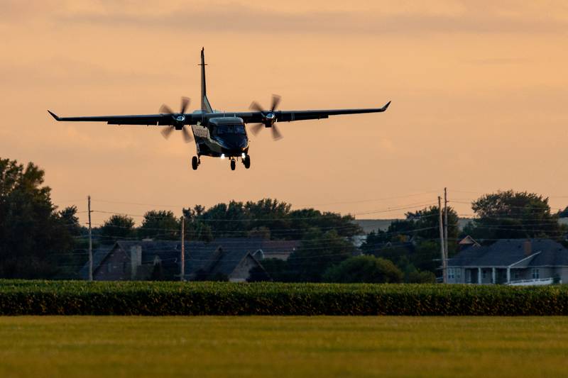 Plane goes into land after unsuccessfully attempting the world record vertical formation on Wednesday, Aug 20, 2025 above Skydive Chicago in Ottawa.