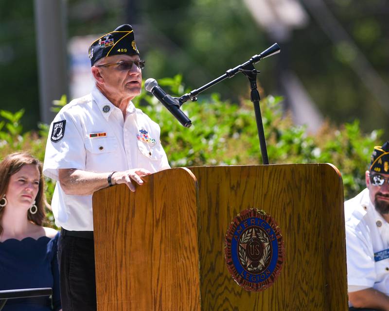 Sargent Norm Meier shares a few stories during the Memorial Day event on Monday May 25, 2026, held at Town Square Park in Yorkville.