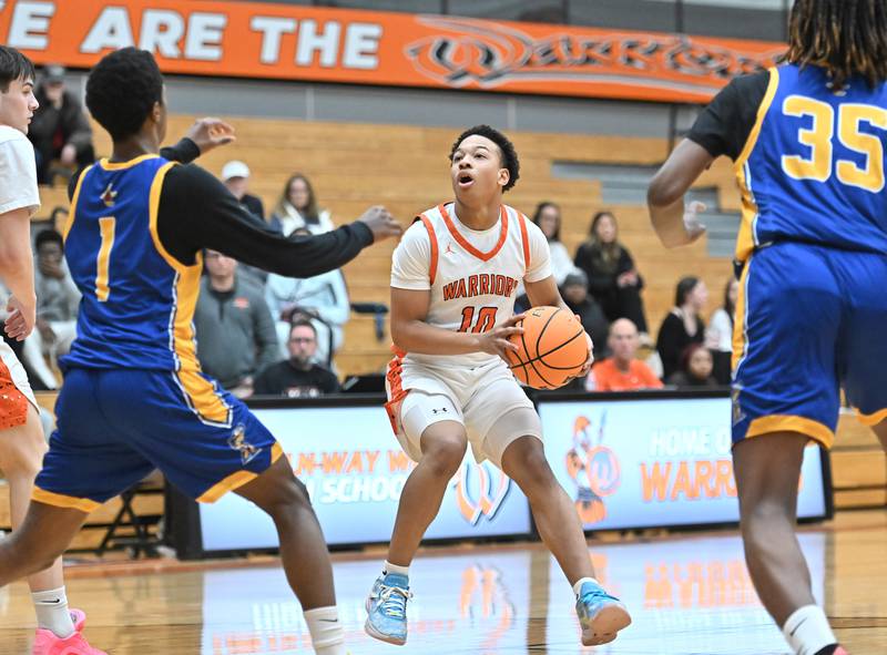 Lincoln-Way West's Joseph Smith (10) in action during the 4A Lockport Regional game against Joliet Central on Monday, FEB. 23, 2026, at New Lenox.