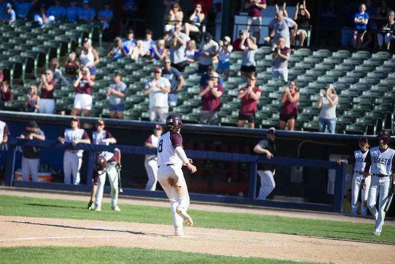 Richmond-Burton’s Brock Wood scores the eventual winning run on a bases loaded walk against Maroa-Forsyth Friday, June 3, 2022 during the IHSA Class 2A baseball state semifinal.