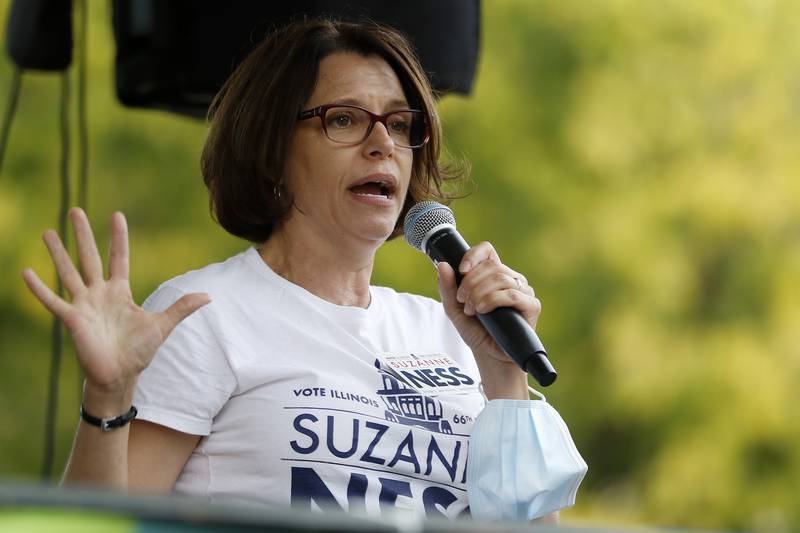 State Rep. Suzanne Ness, D-Crystal Lake, speaks to attendees during a rally for abortion rights on the historic Woodstock Square on Saturday, Oct. 2, 2021, in Woodstock.