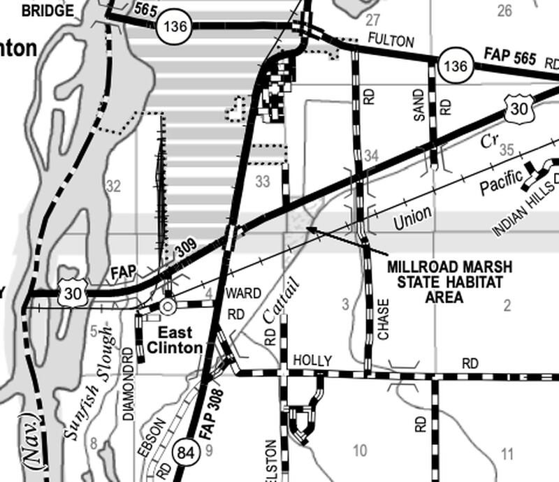 An Illinois Department of Transportation map shows a western portion of Whiteside County, including the intersection of Illinois Route 84 and U.S. 30.