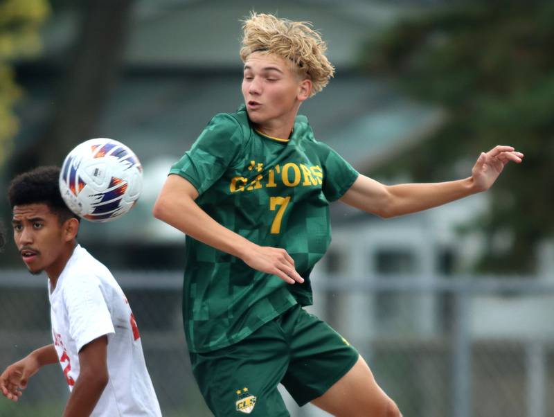 Crystal Lake South’s Dustin Banner, right, battles Palatine’s Brandon Tornez in varsity boys soccer at Ray Porten Field on the campus of Wauconda High School in Wauconda on Wednesday, Sept. 3, 2025.
