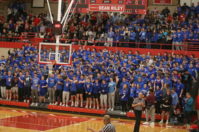 Marmion fans fill the student section of Kingman Gymnasium for the Class 3A Super-Sectional on Monday, March 6, 2023 at Ottawa High School.