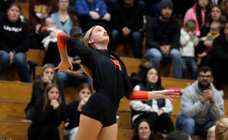 Crystal Lake Central’s Alexis Hadeler prepares to hammer a late point against Woodstock North in IHSA girls volleyball Class 3A Regional action at Woodstock High School in Woodstock on Thursday, October 30, 2025.
