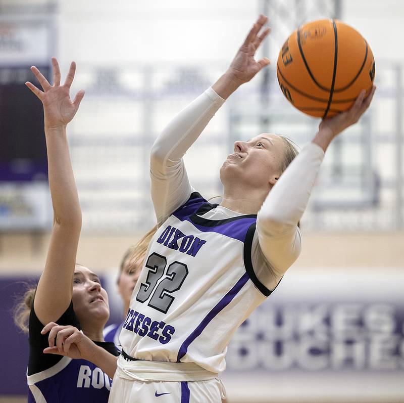 Dixon's Makenzie Toms puts up a shot against Rochelle Thursday, Dec. 26, 2024, during the Dixon Girl’s KSB Holiday Basketball Tournament.