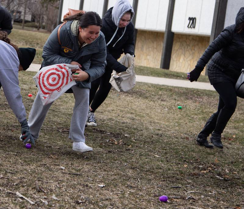 An Easter egg hunter races to grab an Easter egg during the Elmhurst Park District's Adult Easter Egg Hunt at Wilder Park on Saturday, March 18, 2023.