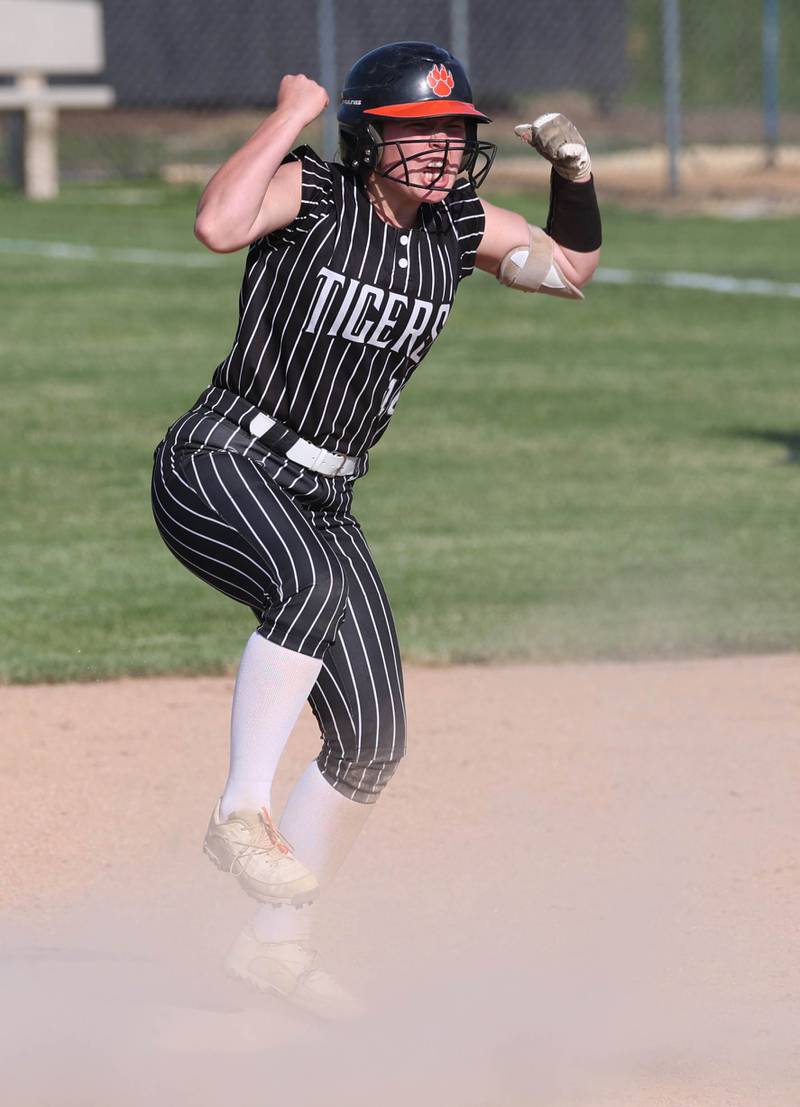 Crystal Lake Central's Cassidy Murphy is fired up after a run scoring single Friday, June 6, 2025, during their Class 3A sectional final game against Prairie Ridge at Sycamore High School.
