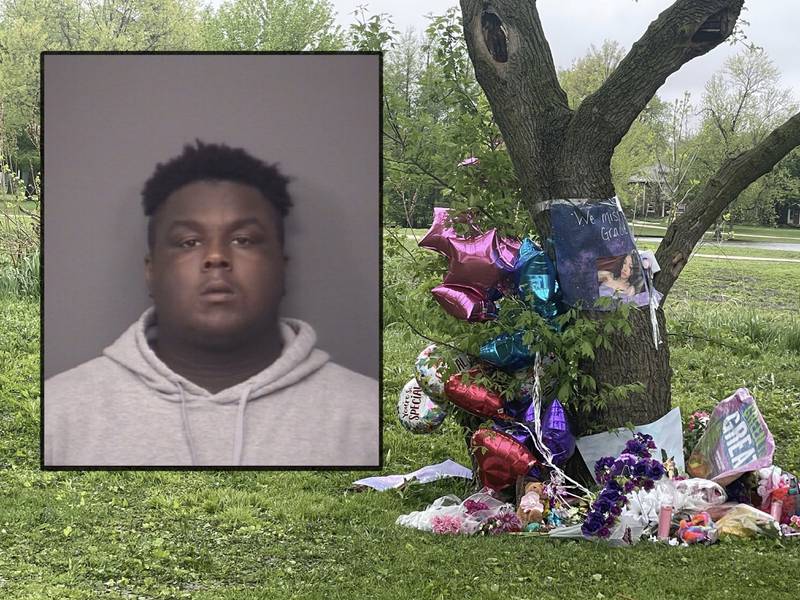 Timothy Doll, 29, of the 500 block of College Avenue, was charged May 8, 2023 with the murder of Gracie Sasso-Cleveland, a 15-year-old DeKalb High School girl who was found dead May 7, 2023 in DeKalb. (Inset photo provided by DeKalb Police Department); vigil photo by Megann Horstead)