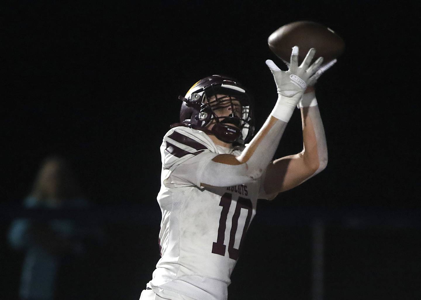 Richmond-Burton's Luke Robinson catches a touchdown pass during a Kishwaukee River Conference football game against Johnsburg on Friday, Sept. 12, 2025, at Johnsburg High School.