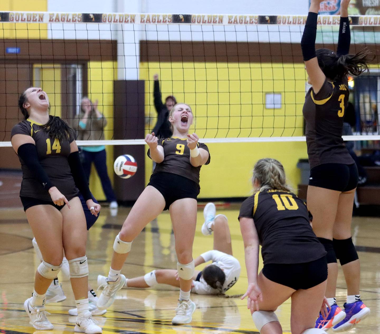 Jacobs’  Yvonne Iskrev, left, and Teagan Van Stone howl with delight as the final point falls in a three-set victory over Cary-Grove at Algonquin Thursday evening.