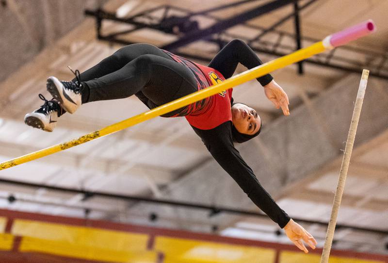 Batavia’s Zahra Ahmad participates in the pole vault event during the Girls Track and Field DuKane Conference Meet at Batavia High School on Saturday, March 22, 2025.