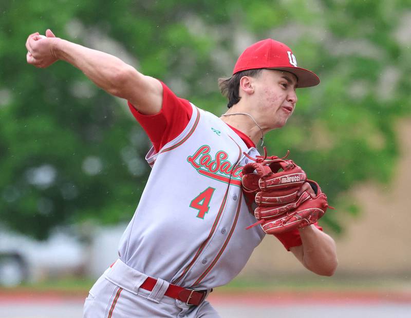 LaSalle-Peru's Jett Hill delivers a pitch Tuesday, May 12, 2026, during their game at Kaneland High School in Maple Park.