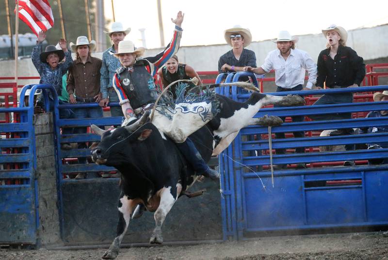 Landon Shule of Ashkum, rides a bull during the inaugural Starved Rock Rodeo on Saturday, June 21, 2025 at the La Salle Speedway.