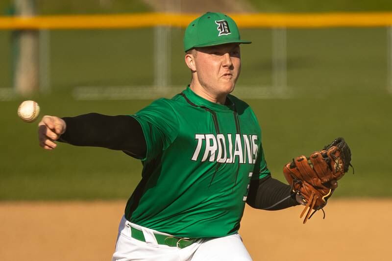 Wyatt Statler (30) of Dwight pitches on Tuesday, April 15, 2025 at St. Bede Academy in Peru.